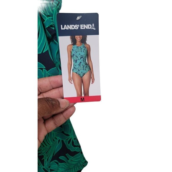 NEW LANDS END WOMEN ONE PIECE SWIMSUIT GREEN/BLUE LEAPS PRINT REMOVABLE CUP SIZE - Picture 5 of 7